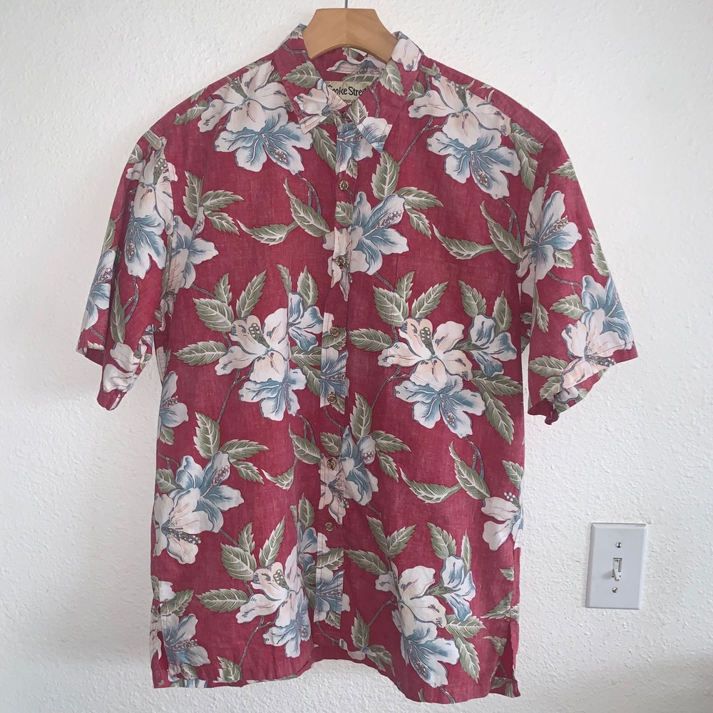 Cooke Street Honolulu Mens Medium Red Floral Hibiscus Cotton Hawaiian Shirt